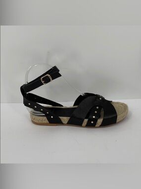 Bruno Magli Perla Espadrille flat sandal shoe black studded ankle strap new 7